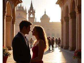 Pareja en viaje romántico por Sevilla